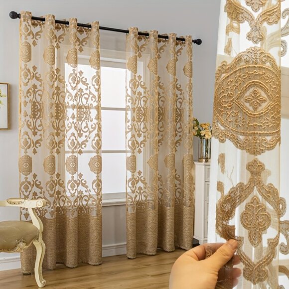 2Panels Vintage Luxe Golden Jacquard Sheer Curtains With Grommet Top - Picture 1 of 12